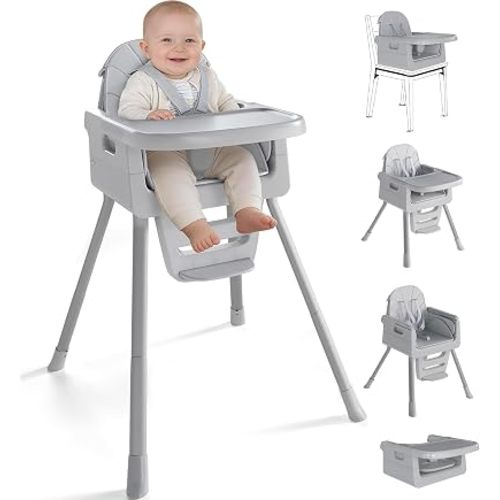 Baby High Chair for 6 Months+, Foldable High Chairs for Babies and Toddlers, Convertible High Chair, Adjustable Tray & Footrest, Portable High Chair & Easy to Clean(Gray)