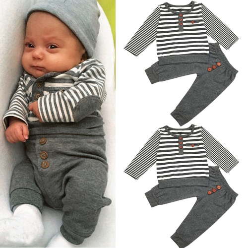 Kayannuo Baby Girl Clothes Long Sleeve Fall Winter Newborn Baby Boys Long Sleeves Stripe Tops+Pants Infant Outfits Clothes Sets,Gray