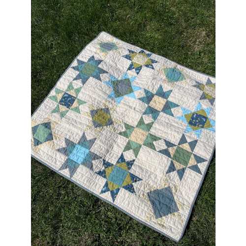 Handmade Ohio Star Baby Quilt: Blue, Green & Gold Cotton (34”x34”)