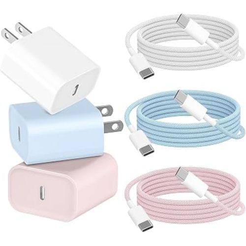 Fast Charging for iPhone 17 16 Pro Max Charger Colorful, 3Pack 20W USB C Fast Charger Block with 3Pack 6ft Long USB C Charging Braided Cable for iPhone 17/Air/16e/16/15 Pro, Airpods Pro, iPad Pro Air