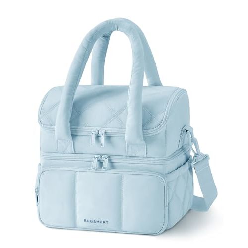 BAGSMART Lunch Bag Women, Double Deck Insulated Lunch Box, Quilted Puffer Lunch Tote, Leakproof, Durable & Reusable Large Lunch Cooler For Work Picnic Travel Meal Prep, Light Blue