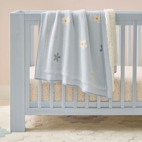 Daisy Knit Sherpa Baby Blanket- Blue