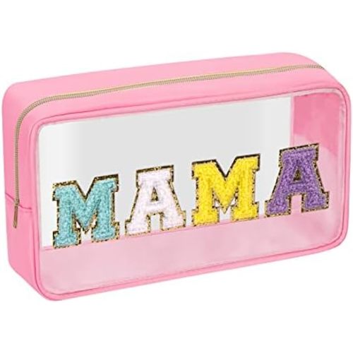 Iqimott Clear Patch Makeup Bag Mama Pouch, Preppy Personalized Chenille Letter Cosmetic Pouch for Travel, Nylon Waterproof Travel Essentials Zipper Toiletry Bags for Women Girls(MAMA, Pink)