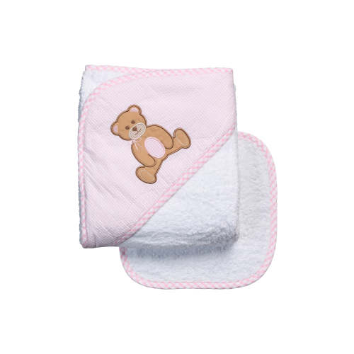 Teddy Bear Applique Hooded Towel & Washcloth Set, Pink