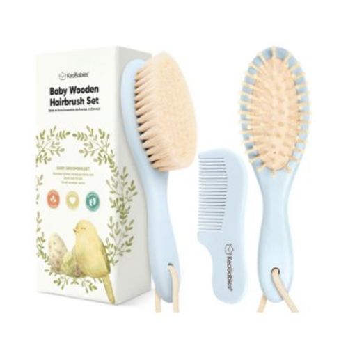 Baby Hair Brush and Comb Set, Oval Wooden Baby Brush Set for Newborns, Infant, Toddler Grooming Kit