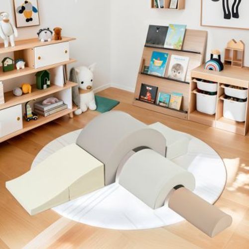 BABYYER 5 Piece Soft Foam Climbing Blocks, Rainbow Indoor Play Equipment with Foldable Slide, Crawling Toys for Toddlers 1-3 (Cappuccino)