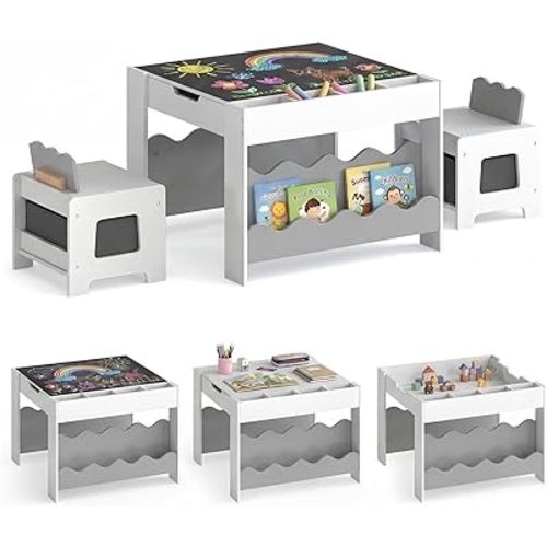 Costzon Kids Table and Chairs, Wooden 4-in-1 Activity Desk Set w/Double-Sided Tabletop, Chalkboard, Bookshelves, Small Compartments & Fabric Drawers, Children Furniture Set for Art & Crafts (Gray)