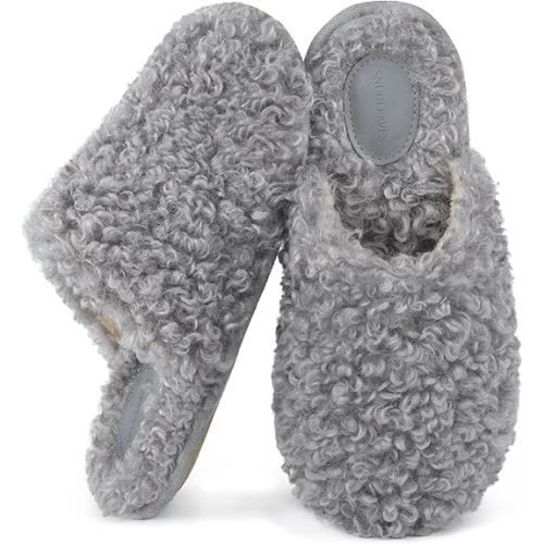 Snug Leaves Women's Scuff Slippers Furry Cute Curly Faux Wool Slip-on Indoor Memory Foam House Shoes