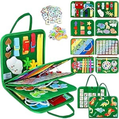 Esjay Toddler Busy Board Montessori Toys for Boys and Girls, Sensory Book Educational Activities for Learning Fine Motor Skills, Birthday Gifts Toddlers, Travel Toys for Airplane Car, Green Dinosaur