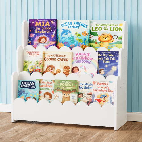 SpaceAid 3 Tier Wood Scalloped Bookshelf, Montessori Bookcase for Toddlers, White