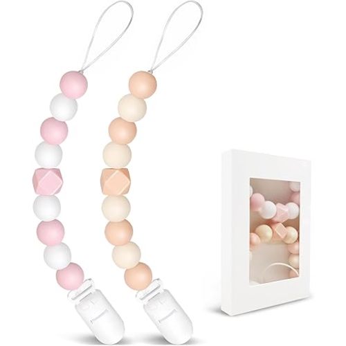 2PCS Pacifier Clips, Silicone Pacifier Clip Baby Soother Clips with Silicone Beads, BPA Free Pacifier Holder for Boy and Girl Newborn Baby Gifts (Pink/Orange)