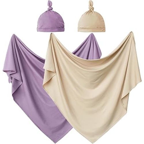 OWLOWLA 2Pack Newborn Swaddle Blanket with Hat Set Baby Wrap Swaddle Receiving Blanket Boys Girls(Mauve&Khaki)