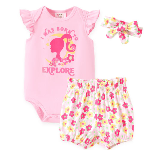 Barbie Baby Girl Clothes 3Pcs Outfit Set Short-Sleeve Ruffled Shorts & Headband Pink Set 0-18M