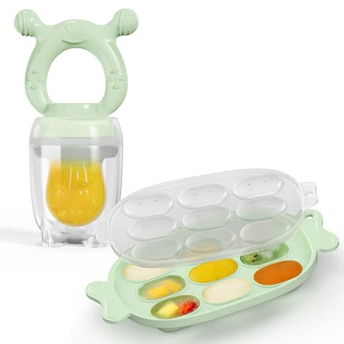 Silicone Baby Fruit Feeder with Freezer Nibble Tray Combo, Baby Teethers, Breastmilk Popsicle Molds for Teething Relief, BPA Free Fresh Food Feeder for Safe Infant Self Feeding (Sage Green)