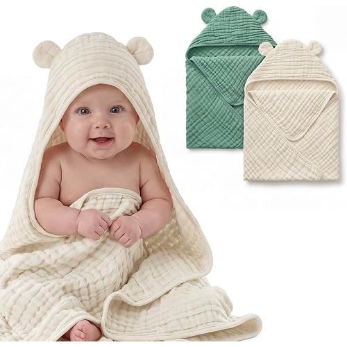 Blissful Diary Muslin Baby Hooded Towel 2 Pack, Soft & Absorbent Bath Towel for Infant, Toddler, Unisex, Baby Gift, Newborn Essentials, Green Bear & Beige Bear