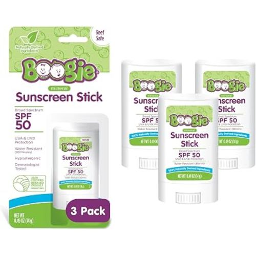 Boogie Mineral Sunscreen Stick SPF 50 - (3 Pack) 0.49 oz - Sunscreen for Kids - Broad Spectrum UVA & UVB Protection - Water Resistant - Hypoallergenic - 100% Naturally Derived Ingredients