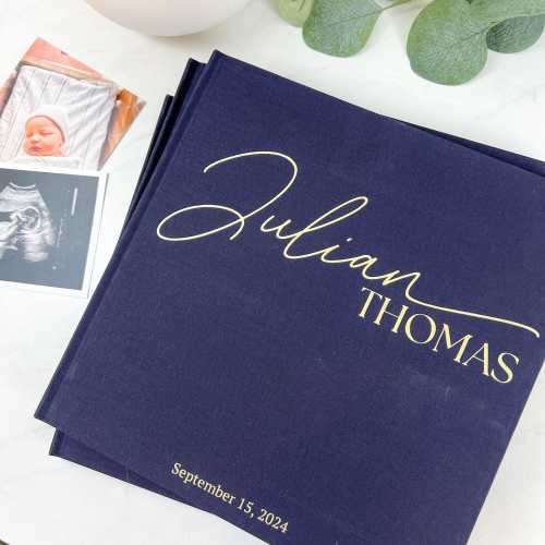 Personalized Baby Book - Modern Hardcover Customized - Baby's First Years Keepsake Album and Memory Journal - Navy Fabric -2025 Edition