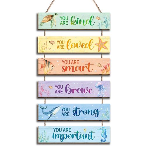 6 Pcs Ocean Decor Kids Room Placards of Wood Decor, Watercolor Ocean Inspirational Positive Quotes Wall Art Hanging Sign for Kids Teens Children Bedroom Princess Toddler Room Nursery Dorm