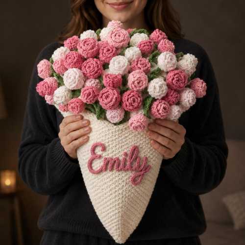 Personalized Crochet Rose Bouquet Blanket for Her, Custom Embroidered Blanket with Name, Mother’s Day Gift, Gift for grandma, Birthday Gift