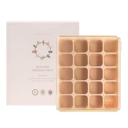 Baby Food Storage Silicone Cubes with Clip-On Lid Freezer Tray Baby Food Soups Purees Ice Easy and Safe Design Made in Korea (20 Sand Beige)