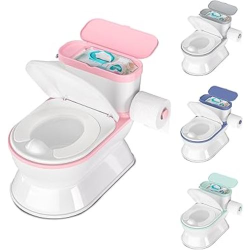 2-in-1 Toddler Potty Training Toilet - Larger Potty Chair & Detachable Training Seat for Boys & Girls Ages 1-3 with Flushing Sound, Wipes Storage, Toilet Paper Holder - Pink