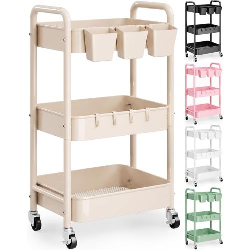 Beige 3 Tier Rolling Storage Cart Metal on Wheels, Cream Diaper Caddy Carts