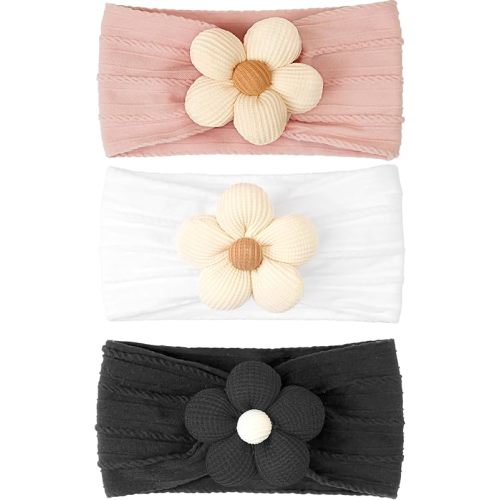 CÉLLOT Baby Flower Headbands Baby Girls Nylon Headbands Baby Essentials Stretchy Hairbands Handmade Hair Accessories for Newborn Infant Toddlers Kids (White,Pink,Black)
