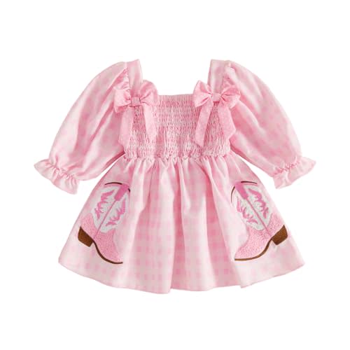 Toddler Gingham Plaid Dress Baby Girl Long Sleeve Smocked Dresses | Gingham Smocked Dress Baby Girl, Strawberry/Bee/Boots Embroidered, Ruffle Puff Sleeve Bow Dress, Toddler Cowgirl Outfits