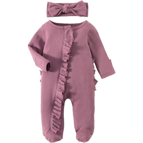 Ayalinggo Newborn Baby Romper Infant Girl One-piece Outfit Waffle Ruffle Zip Footie Spring Summer Clothes With Bow Headband