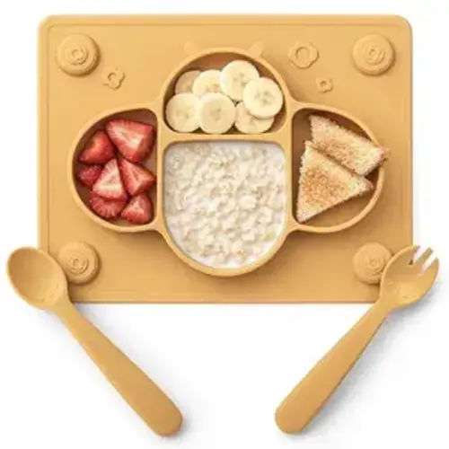 Suction Plates for Baby Placemat Spoon Fork Set for Toddlers, Silicone Baby Plates with Suction Baby Dishes for Kids Plates-mustard