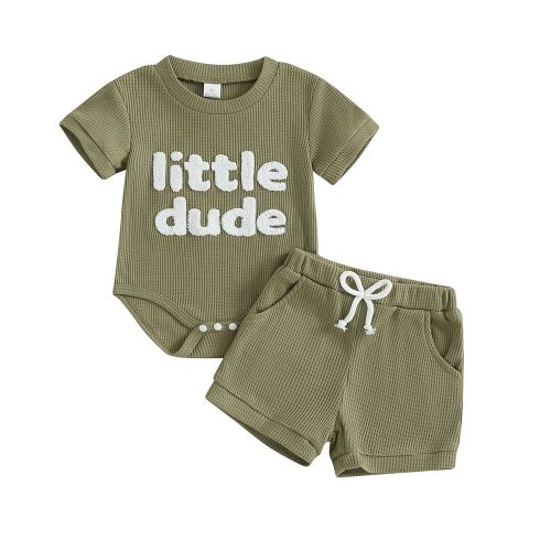 MERSARIPHY Newborn Baby Boy Summer Clothes Mama's Boy Little Dude Short Sleeve Romper Shorts Set Infant Waffle Knit Outfit
