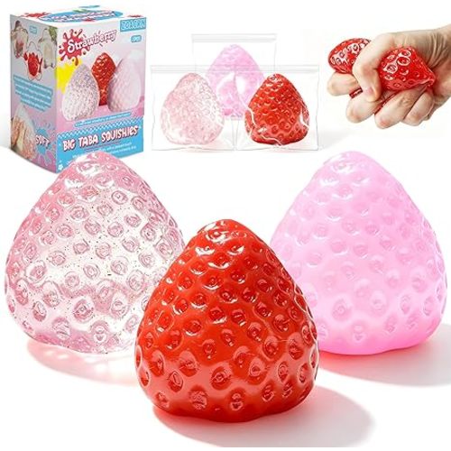 3Pcs Big Taba Squishies Strawberry, Cute Strawberry Squeeze Toys, Upgrade Fruit Squishies, Kawaii Sticky Stress Toy, Clear Fidget Toys, Valentines Gift for Kids, Teen Boys Girls Birthday Gift Ideas