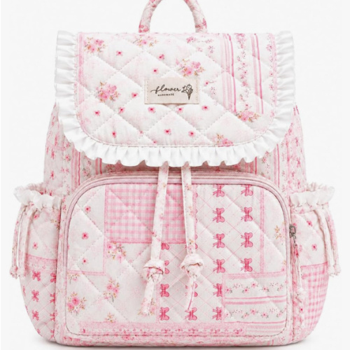 Quilted Mini Backpack For Women,Small Cute Cotton Floral Backpack Purse, Drawstring Daypack For Travel Daily Use(pink bow patchwork, M)