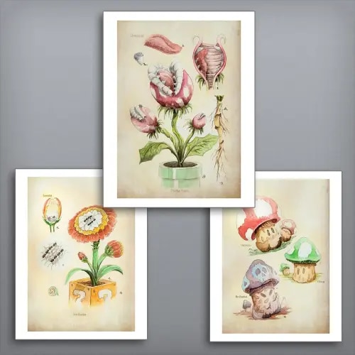 SET of 3 - Super Mario Botanical Illustration 8.5" x 11" Art Prints, Piranha Plant, Fire Flower, Mushrooms, Super Mario Bros, Watercolor