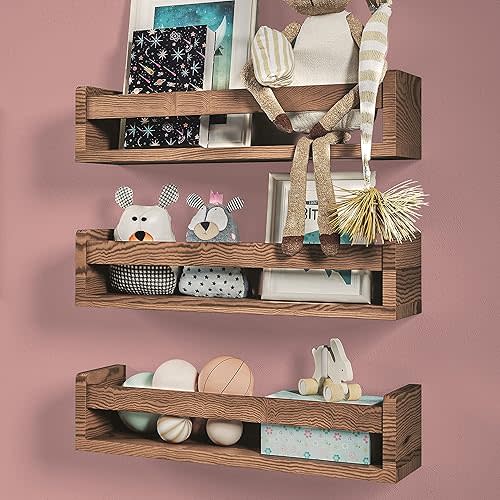 NATURE SUPPLIES Set of 3, 16.4". Nursery Book Shelves, Solid Wood for Books, Toys, Decor, Wall Bookshelf for Kids Bedroom, Floating Shelf, Stylish and Functional Storage Solution, Brown