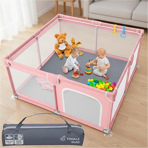 Todale Play Pen - 50 x 50 x 27 in, Pink - Baby Playpen Play Yard with Breathable Mesh & Anti-Slip Base - Portable Crib & Foldable Playpen for Babies & Toddlers