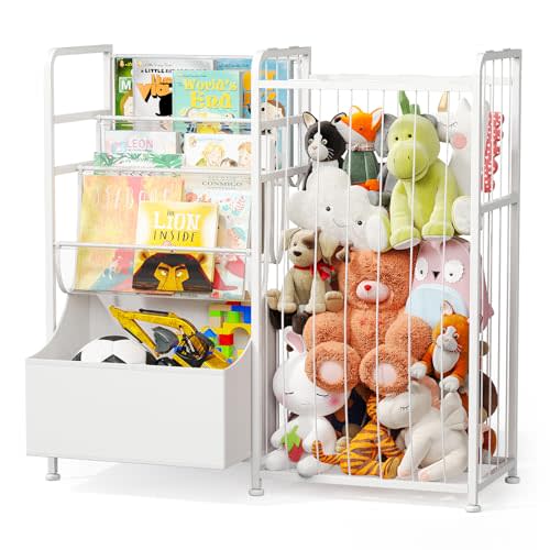 BBLIKE Kids Bookshelf and Stuffed Animal Storage - Multi-Function Nursery Book Shelves with Leather Toy Box and PVC Book Display, Toy Organizer for Playroom, Bedroom, Nursery, White