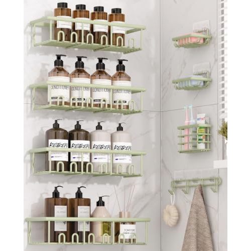 8 Pack Adhesive Rustproof Shower Caddy with Soap Dishes, Toothbrush Holder & Hooks, Large Capacity No-Drilling Shower Shelves Rack for Bathroom Organizers and Storage Accessories, Green