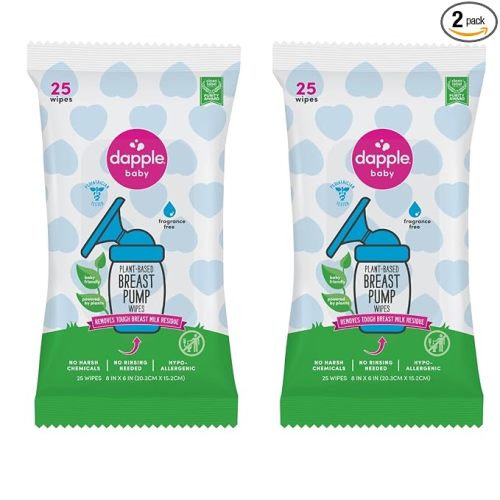 Dapple Breast Pump Wipes, Powered by Plants, Hypoallergenic, Removes Milk Residue, Fragrance Free, Convenient Wipes Pouch, 25 Count (2 Pack)