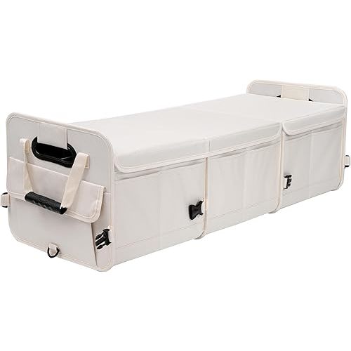 Car Trunk Organizer with Lid Storage Collapsible Multi Compartment Adjustable Straps for SUV, Truck, Sedan(Beige) XL