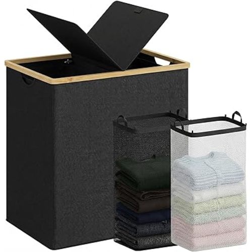 efluky Laundry Hamper with Lid, Double Laundry Basket with 2 Removable Bags, 2 Section Laundry Bin with Bamboo Handles for Bathroom, Bedroom & Laundry Room, 140L (36.9 Gallon) Black