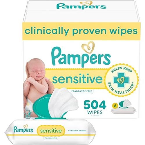 Pampers Sensitive Baby Wipes, Clinically Proven, Fragrance Free, Unscented, Water Based, Hypoallergenic, Multi-Use, Hand Wipes 504 Wipes Total (6X Flip-Top Packs) [Packaging May Vary]