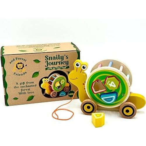 Snaily's Journey – Step by Tiny Step | Wooden 2-in-1 Pull Toy & Removable Shape Sorter Drum | Educational Animal Pull-Along for Toddlers | Fine Motor Skills Development | Gift for Boys & Girls