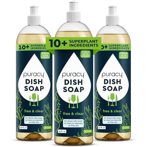 Puracy Natural Dish Soap Packs- Unscented Skin-Softening Plant-Based Dishwashing Soap, Non-Toxic Dish Soap, Fragance Free Organic Liquid Dishwashing Detergent Soap (Unscented, 16 fl oz, 3 Pack)