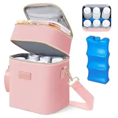 Breastmilk Cooler Bag with Ice Pack Fits 6 Baby Bottles Up to 9 Ounce, Insulated Baby Bottle Tote Bags, Double Layer Waterproof Leak-Proof with Shoulder Strap for Nursing & Working Mom (Pink)