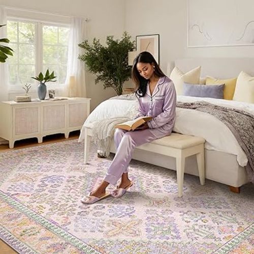 8x10 Area Rugs for Living Room, Machine Washable Low Pile Rug, Non Slip Backing Boho Rugs for Bedroom, Printed Soft Vintage Carpet Lilac Lavender Purple 8 x 10