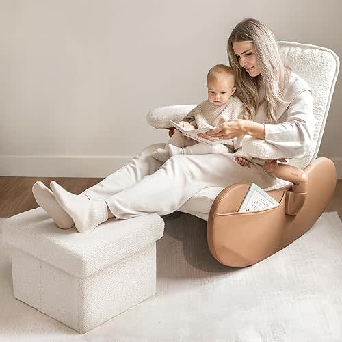 MAMAZING Nursery Rocking Chair Glider with Ottoman for Breastfeeding, Upholstered Nursing Chair with Removable Cover for Mom and Baby, Reading Chair for Bedroom, Living Room(Brown/Beige)