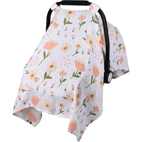 Muslin Carseat Cover for Babies, Metplus Breathable Infant Carseat Cover Lightweight Baby Carrier Cover for Girls Boys, Fit Spring Summer/Hot Days/Warm Weather, Pink Floral