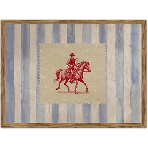 Vintage Western Wall Art, Mid Century Cowboy Rodeo Wall Decor, 12x16 in Framed, Striped Southwestern Poster Canvas Prints Country Horse Riding Artwork for Bedroom Living Room Farmhouse