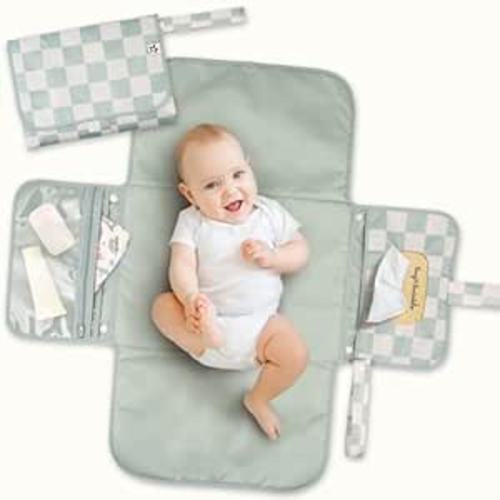 Tiny Twinkle Portable Diaper Changing Pad | Waterproof, Wipeable & Compact Baby Changing Pad for Travel | Smart Wipes Pocket & Organized Storage| Newborn Shower Gift (Sage Checkers)